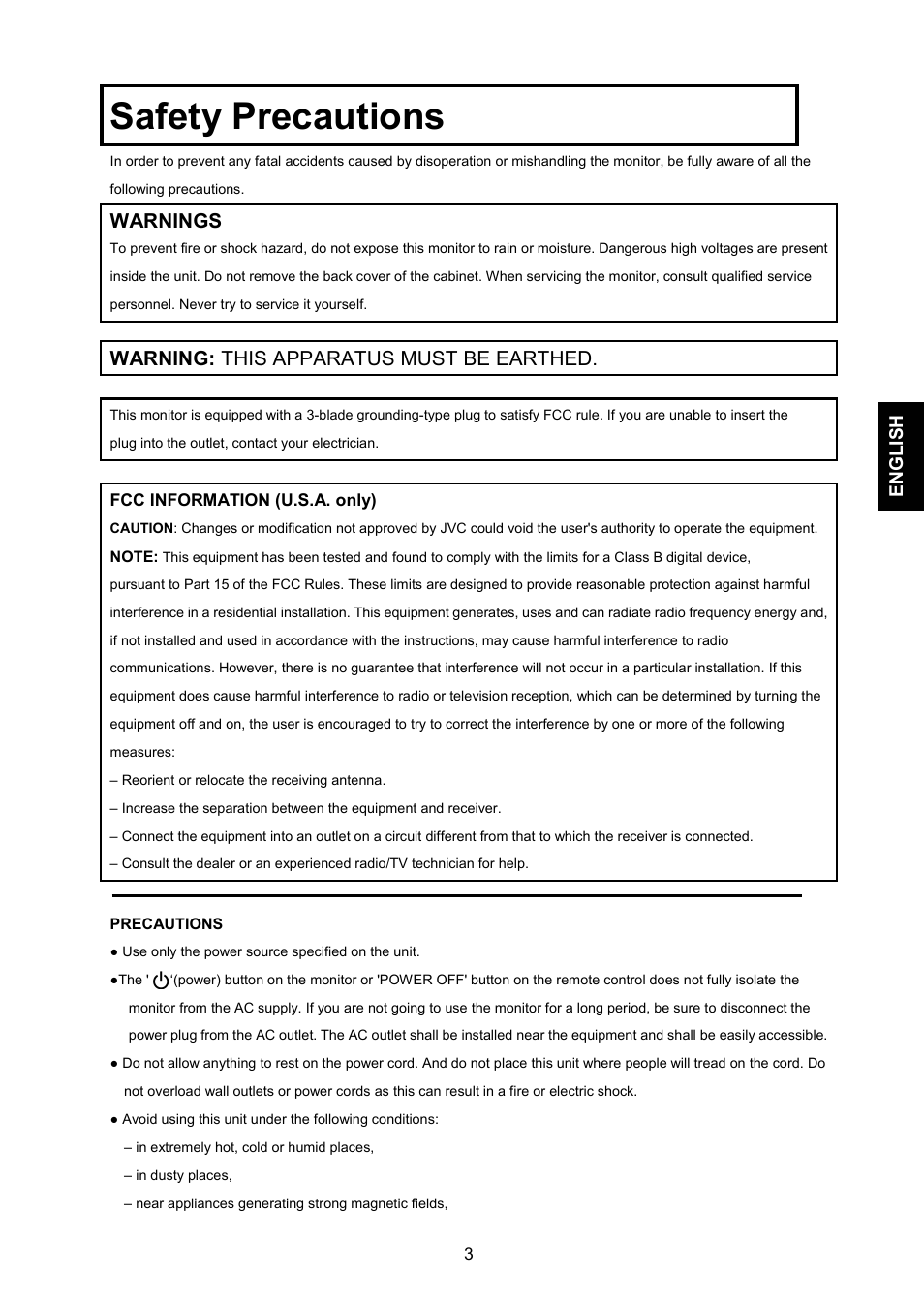 Safety precautions, Warnings, Warning: this apparatus must be earthed | English | JVC GD-17L1G User Manual | Page 3 / 24