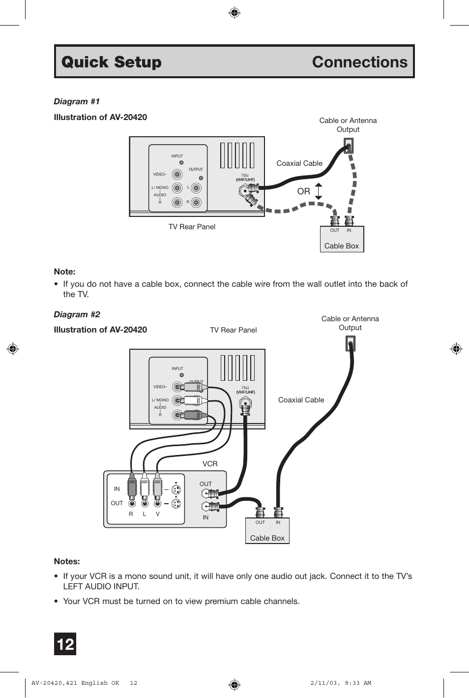 Quick setup connections | JVC AV 20420 User Manual | Page 12 / 44