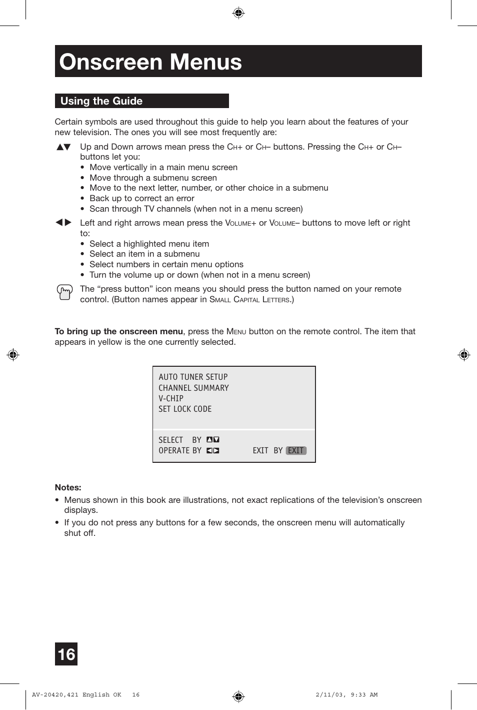 Onscreen menus, Using the guide | JVC AV 20420 User Manual | Page 16 / 44