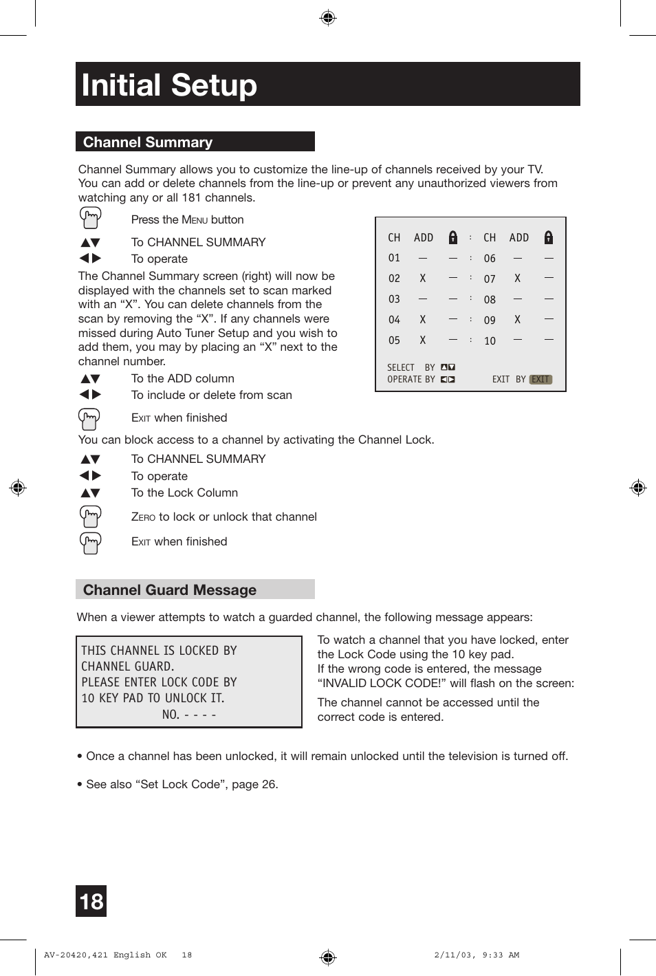 Initial setup, Channel summary channel guard message | JVC AV 20420 User Manual | Page 18 / 44