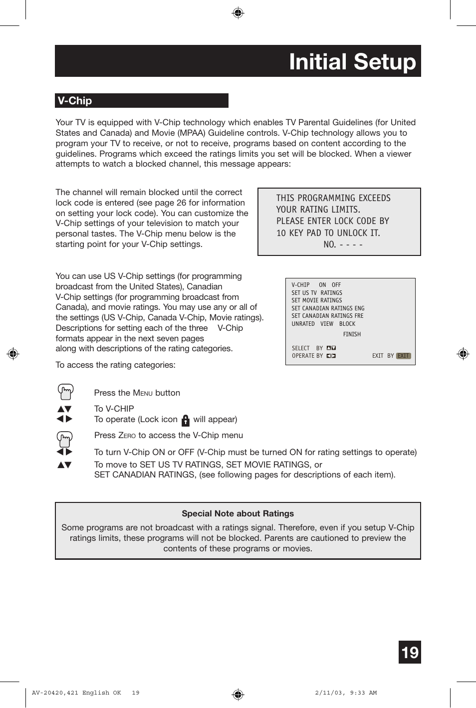 Initial setup, V-chip | JVC AV 20420 User Manual | Page 19 / 44