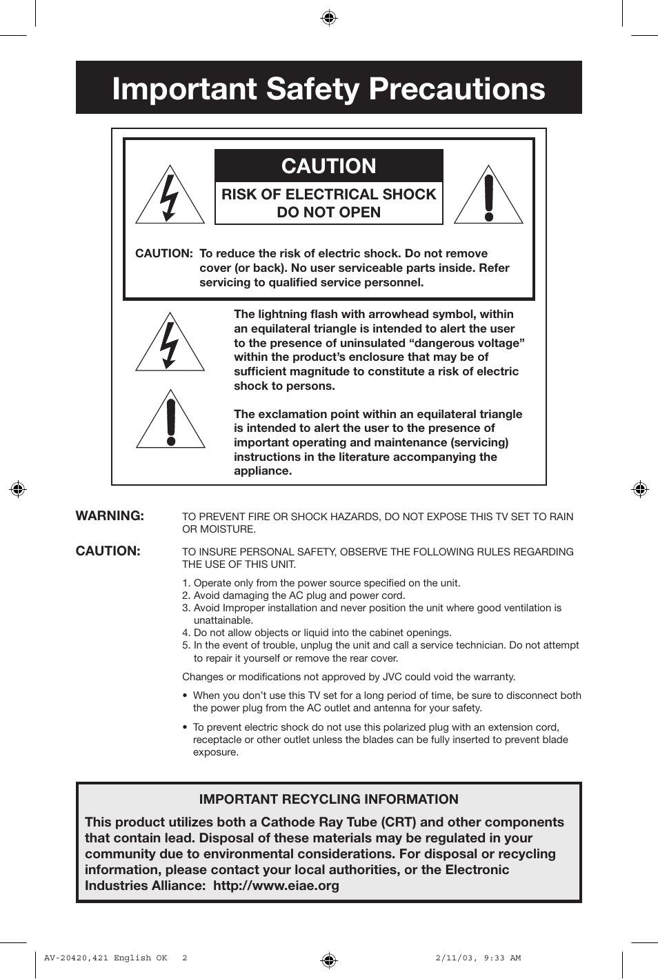 Important safety precautions, Caution, Risk of electrical shock do not open | JVC AV 20420 User Manual | Page 2 / 44