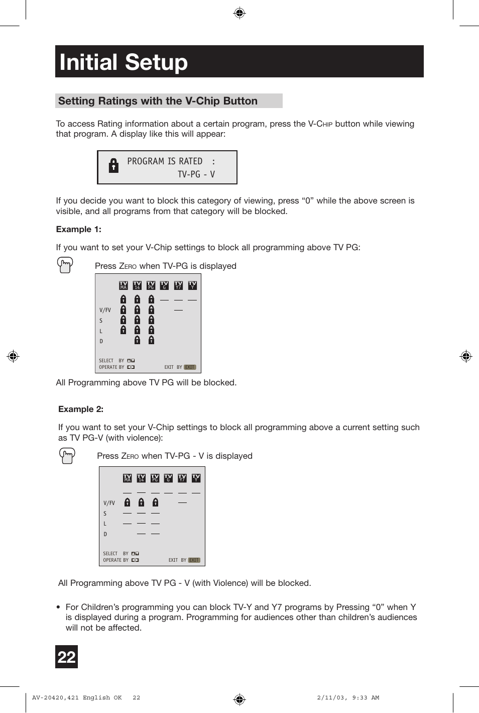 Initial setup, Setting ratings with the v-chip button, Program is rated : tv-pg - v | JVC AV 20420 User Manual | Page 22 / 44