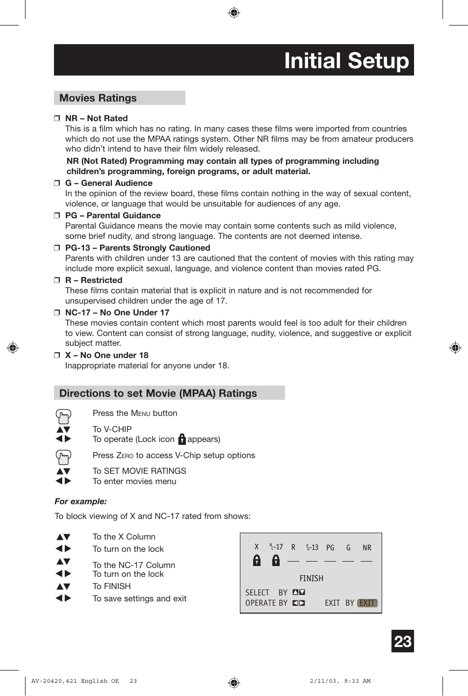 Initial setup, Movies ratings, Directions to set movie (mpaa) ratings | JVC AV 20420 User Manual | Page 23 / 44