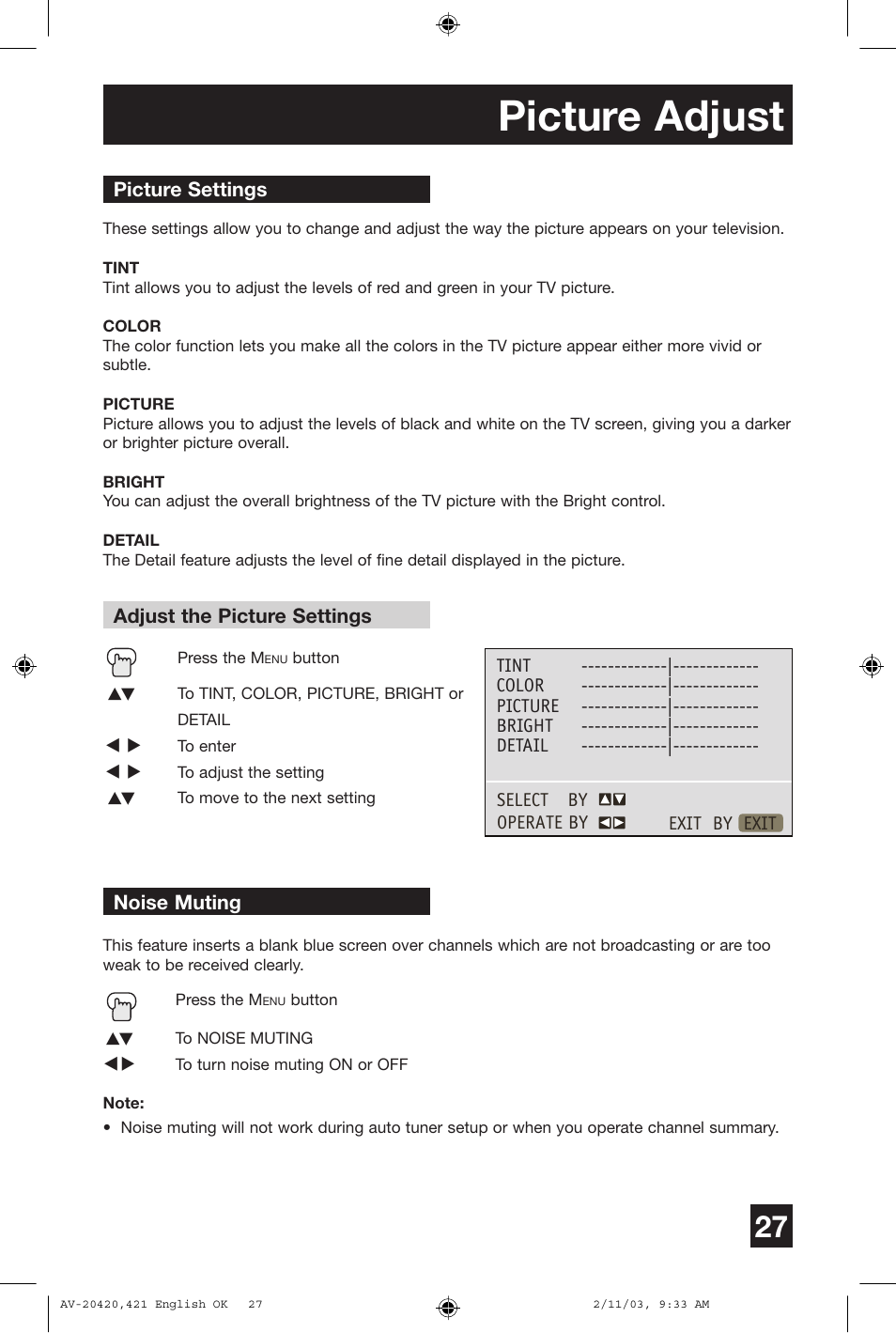 Picture adjust | JVC AV 20420 User Manual | Page 27 / 44