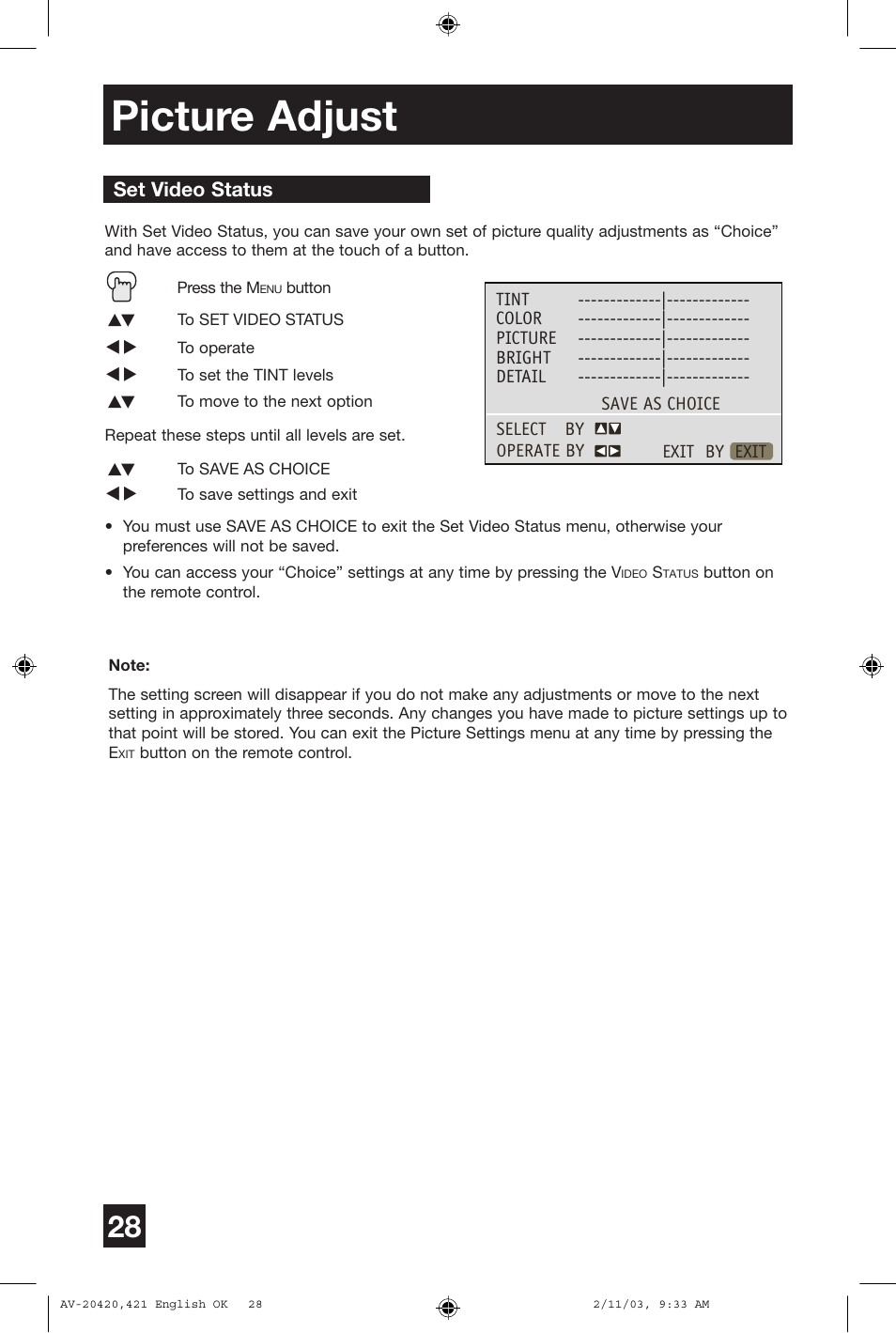Picture adjust | JVC AV 20420 User Manual | Page 28 / 44