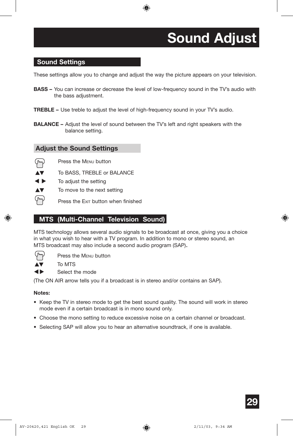 Sound adjust | JVC AV 20420 User Manual | Page 29 / 44