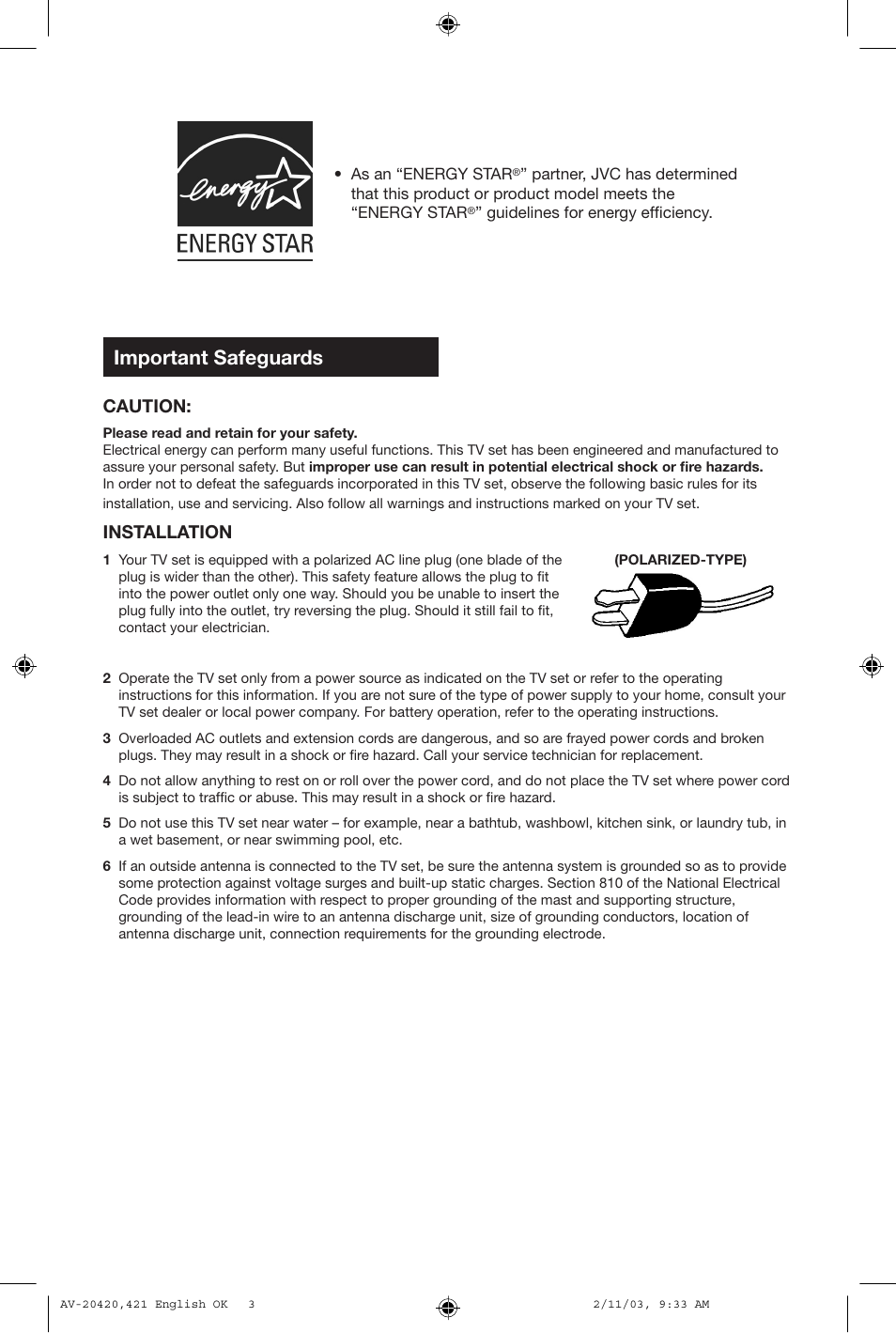 Important safeguards, Caution, Installation | JVC AV 20420 User Manual | Page 3 / 44