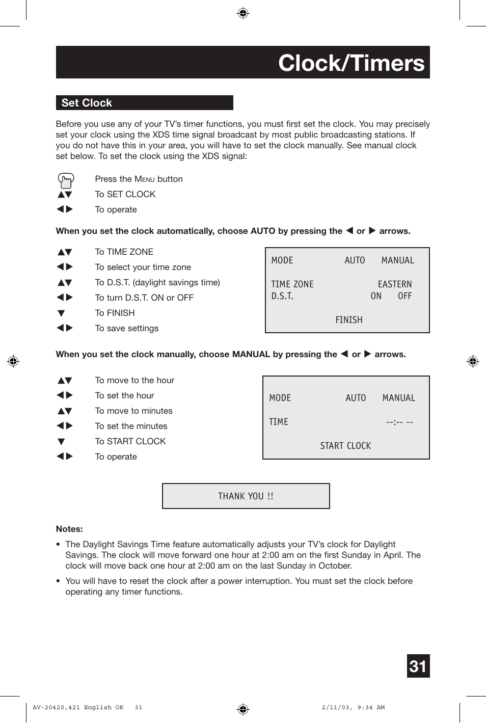 Clock/timers | JVC AV 20420 User Manual | Page 31 / 44