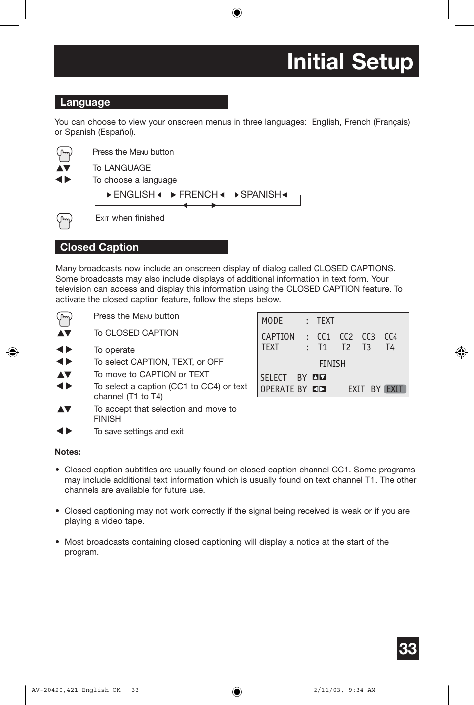 Initial setup, Language, Closed caption | JVC AV 20420 User Manual | Page 33 / 44