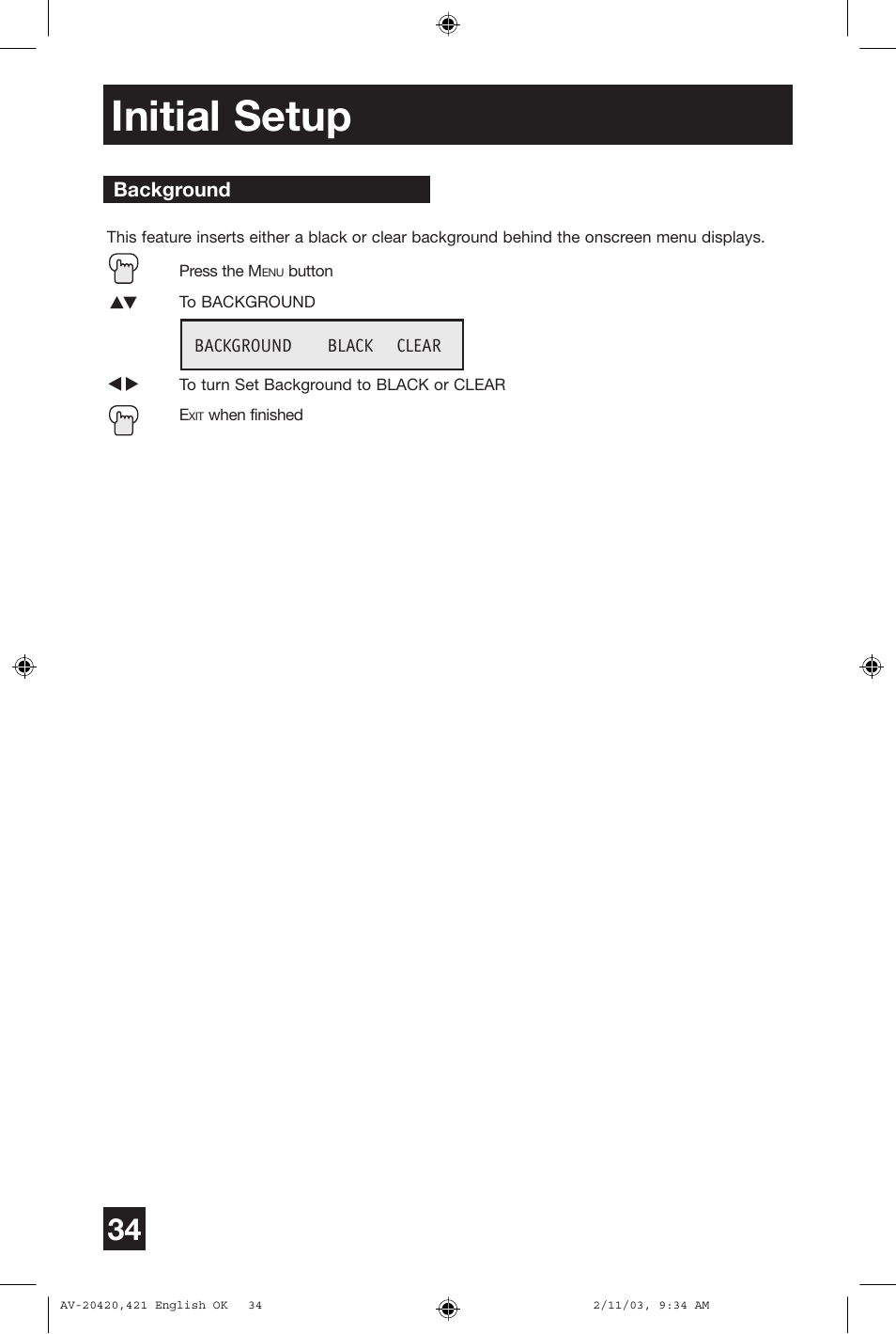Initial setup | JVC AV 20420 User Manual | Page 34 / 44