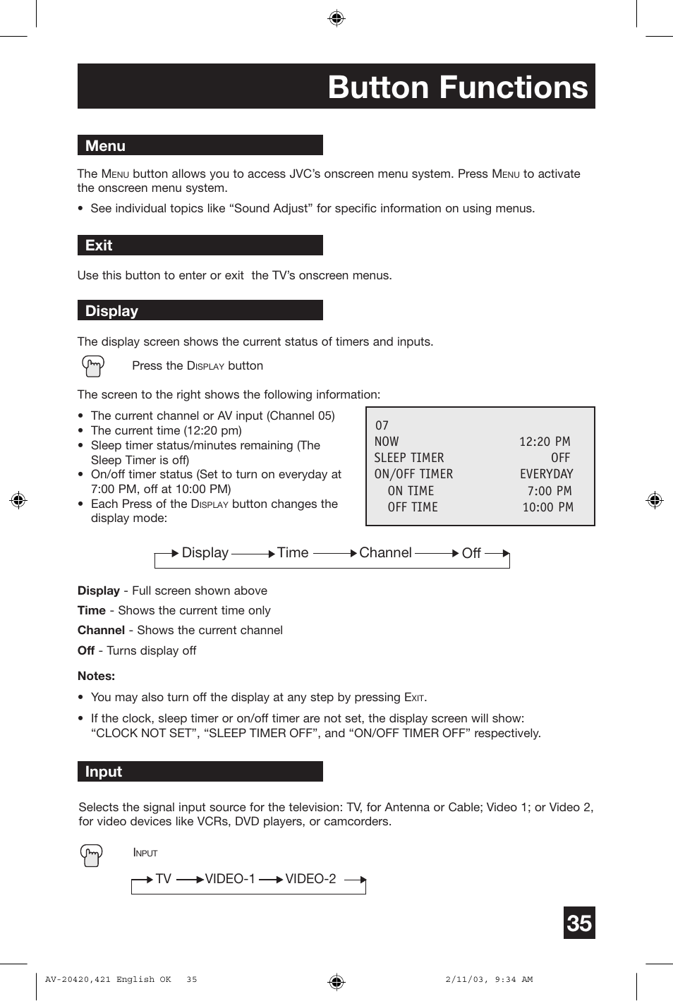 Button functions | JVC AV 20420 User Manual | Page 35 / 44