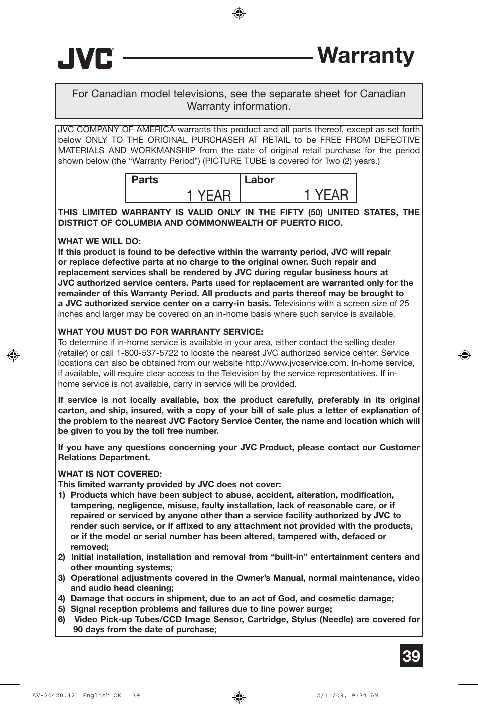 Warranty, 1 year | JVC AV 20420 User Manual | Page 39 / 44