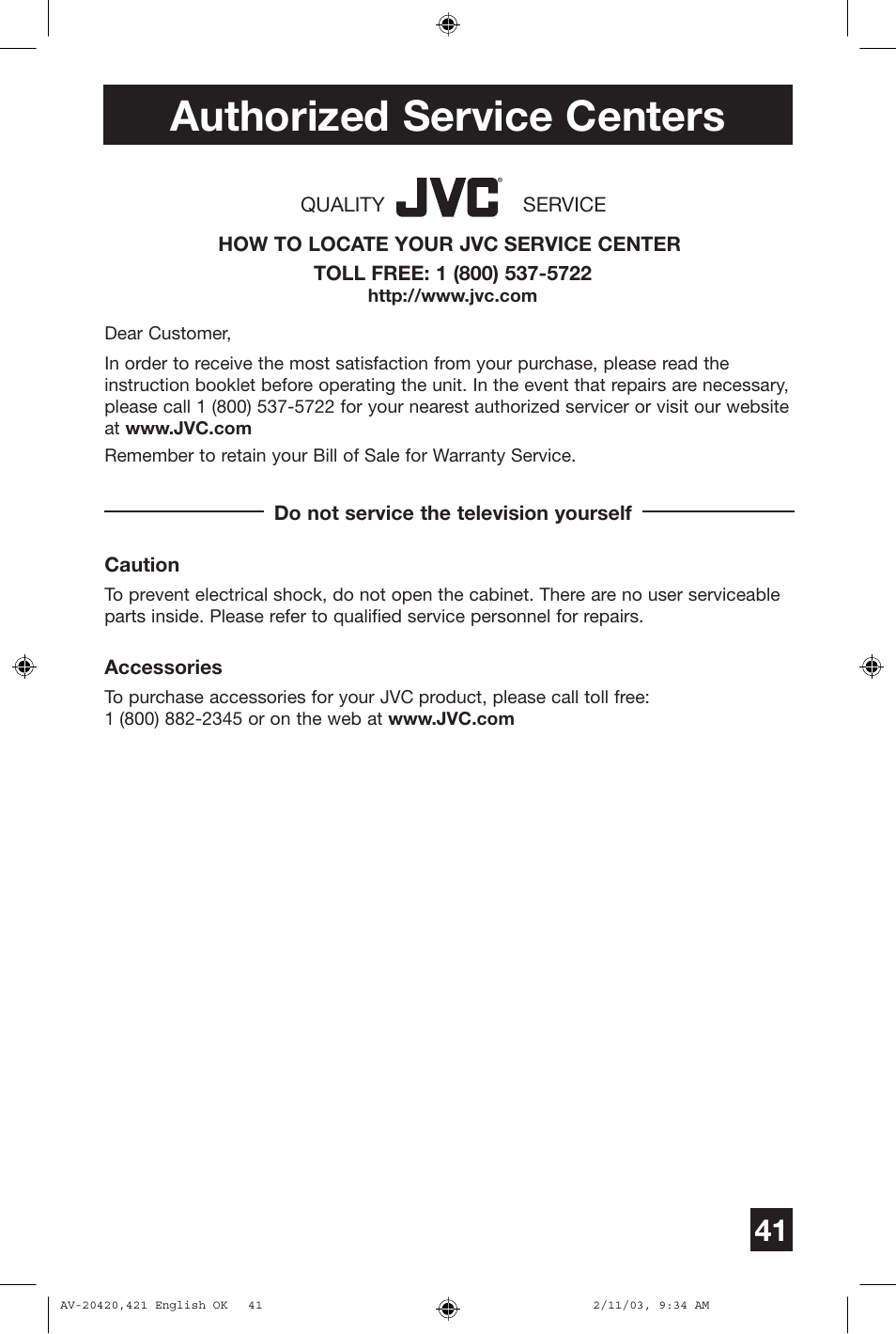 Authorized service centers | JVC AV 20420 User Manual | Page 41 / 44