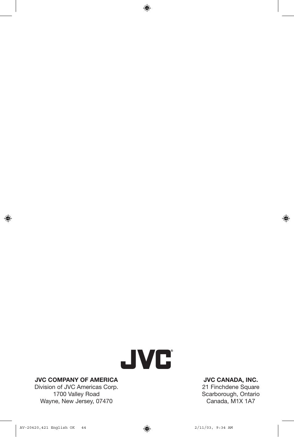 JVC AV 20420 User Manual | Page 44 / 44