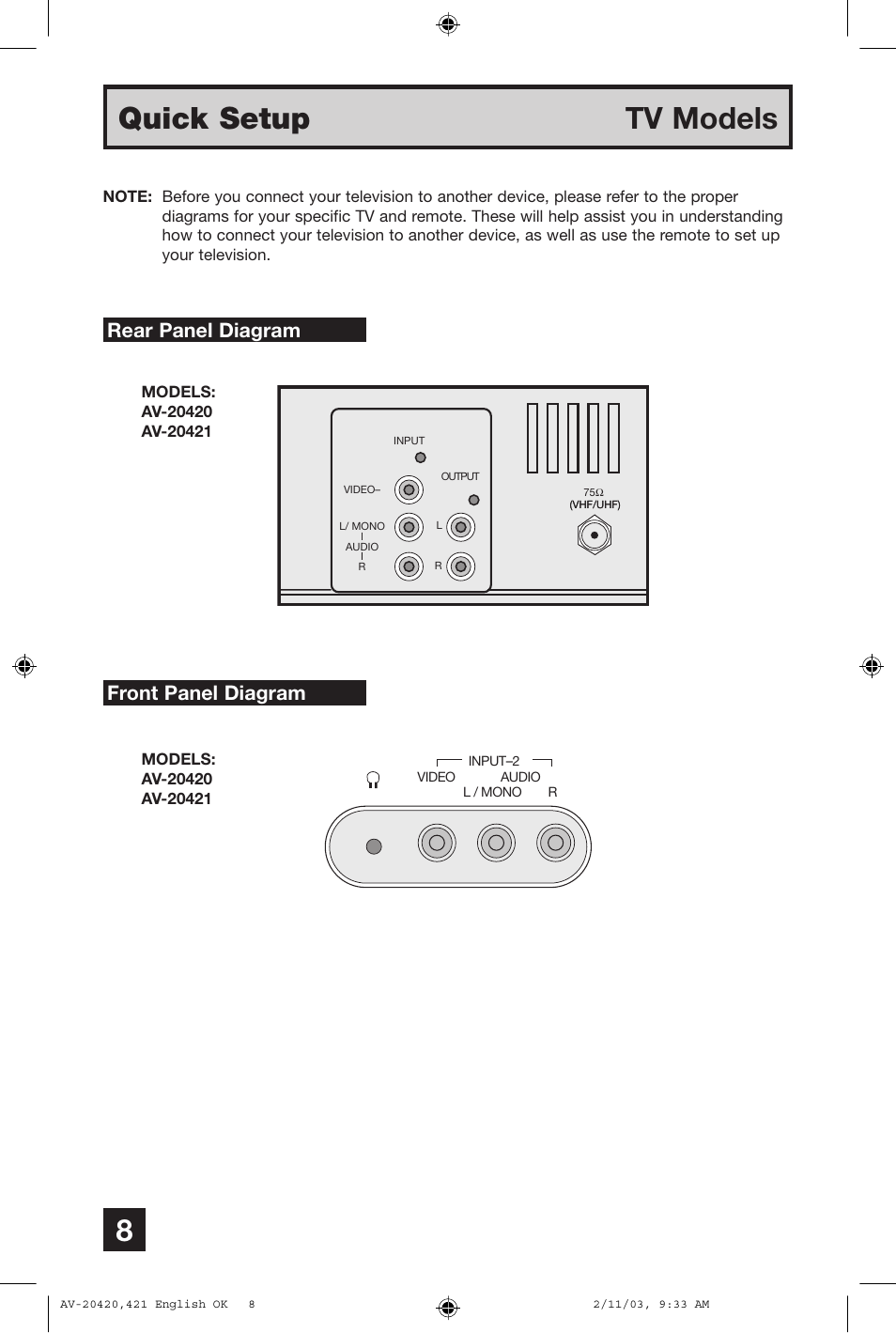 Quick setup tv models, Rear panel diagram, Front panel diagram | JVC AV 20420 User Manual | Page 8 / 44