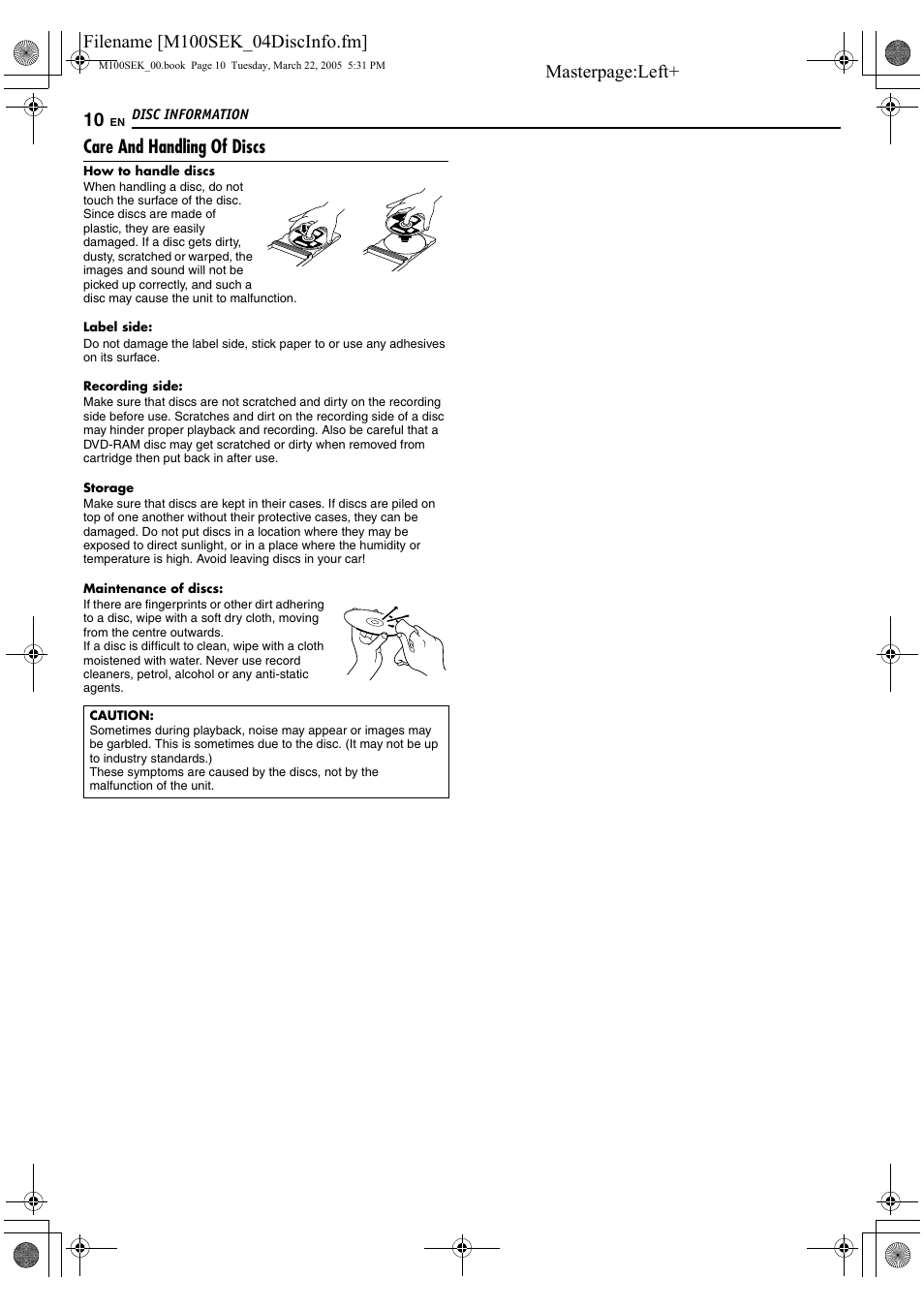 Care and handling of discs | JVC DR-M100S User Manual | Page 10 / 80
