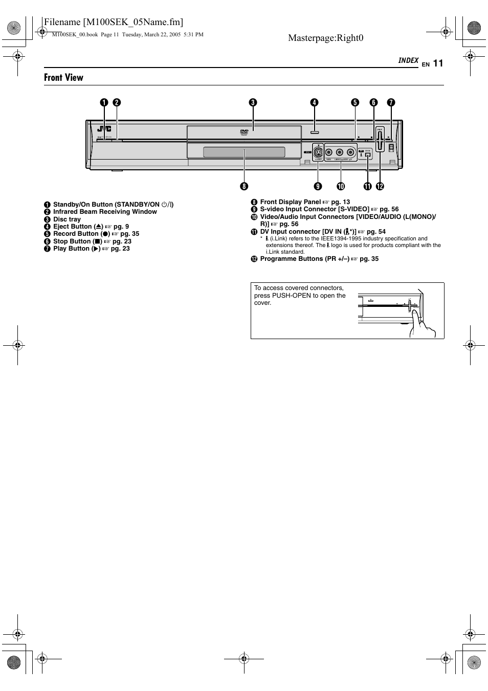 Index, Masterpage:right0, Front view | JVC DR-M100S User Manual | Page 11 / 80