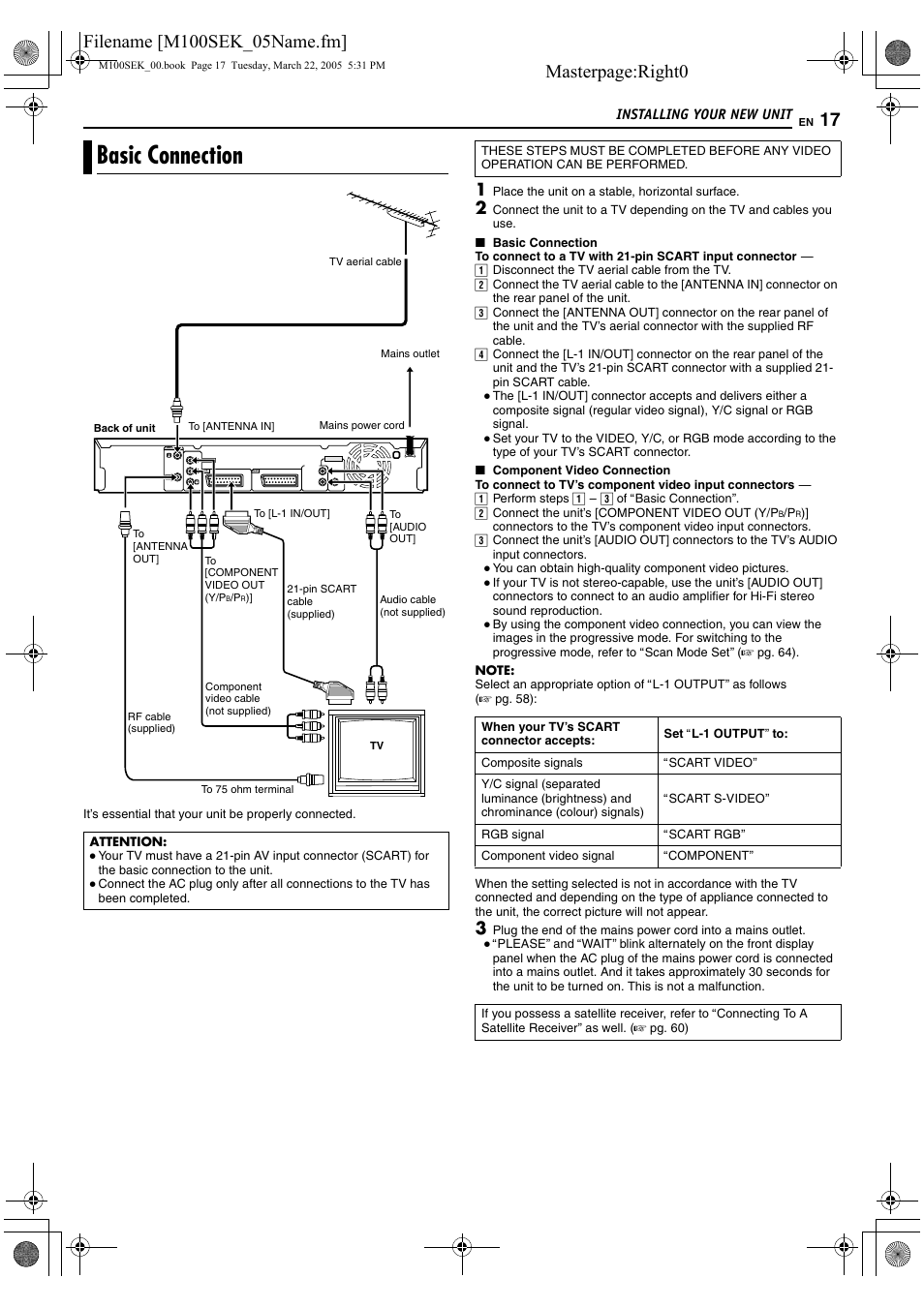 Installing your new unit, Basic connection, Masterpage:right0 | JVC DR-M100S User Manual | Page 17 / 80