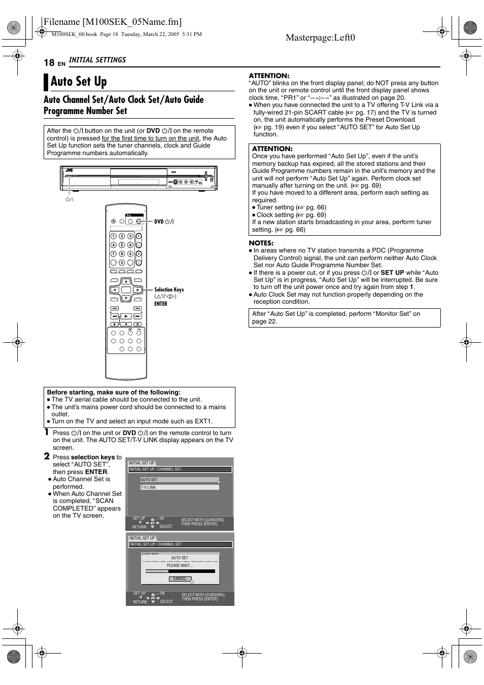 Initial settings, Auto set up | JVC DR-M100S User Manual | Page 18 / 80