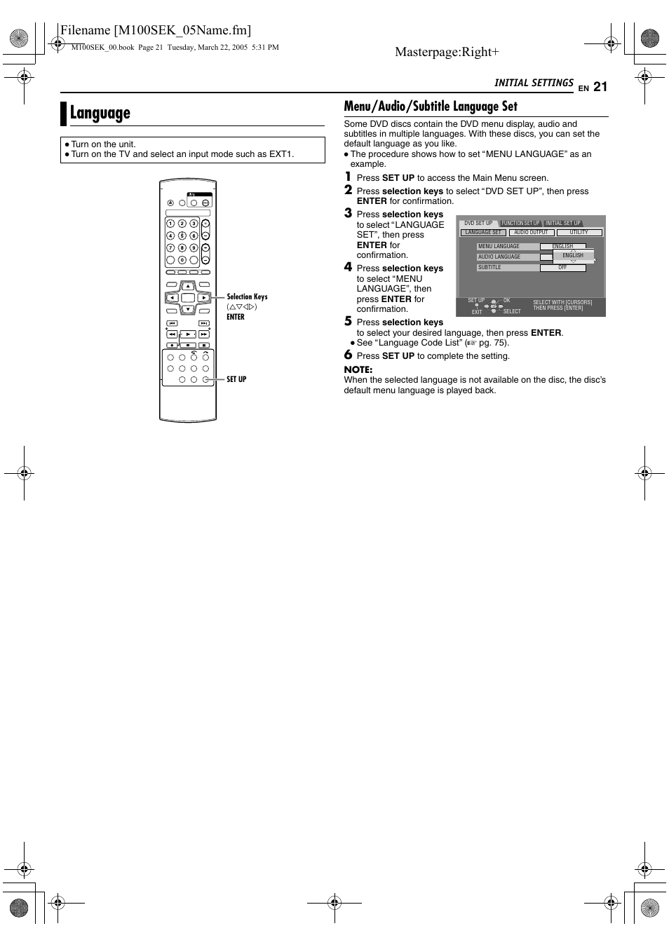 Language, Masterpage:right, Menu/audio/subtitle language set | JVC DR-M100S User Manual | Page 21 / 80