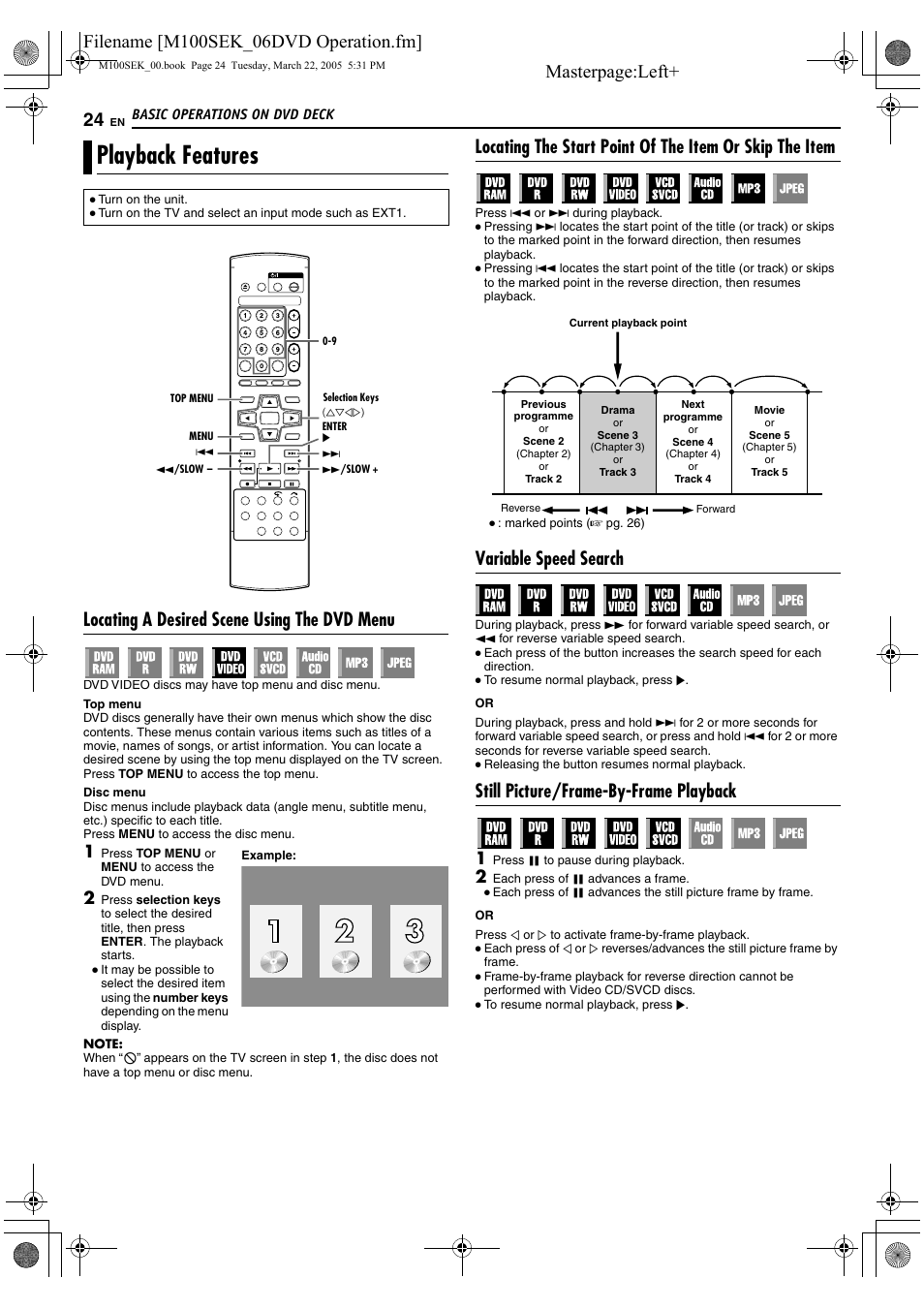Playback features, A pg. 24, 33, 34, A pg. 24 | A pg. 24, 30, A pg, Alocating a desired scene, Using the dvd menu, B (a pg. 24), Locating a desired scene using the dvd menu, Variable speed search | JVC DR-M100S User Manual | Page 24 / 80