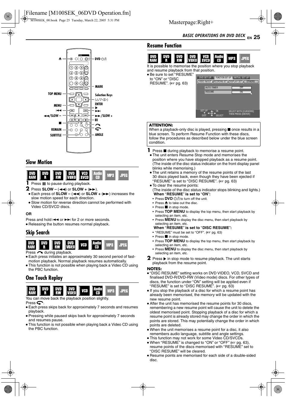 A pg. 25, A pg. 25, 30, Masterpage:right | Slow motion, Skip search, One touch replay, Resume function | JVC DR-M100S User Manual | Page 25 / 80