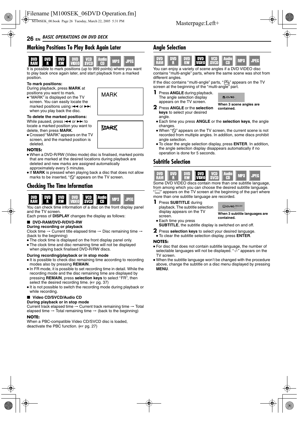 A pg. 26, 3, A pg. 26, 36, A pg. 26 | Marking positions to play back again later, Checking the time information, Angle selection, Subtitle selection | JVC DR-M100S User Manual | Page 26 / 80