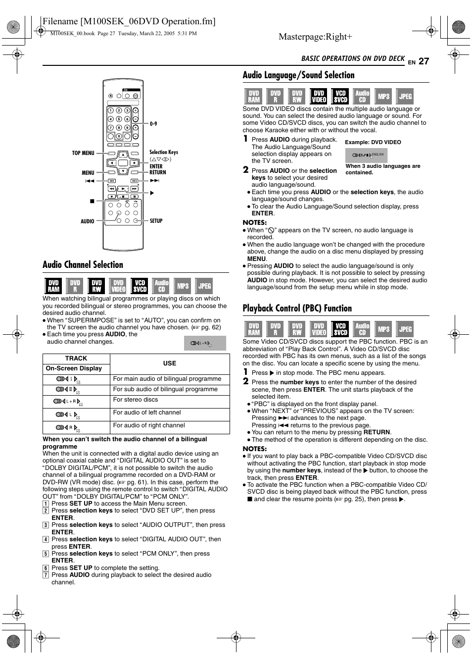 A pg. 27, R to, Aplayback control | Pbc) function, B (a pg. 27) or, Masterpage:right, Audio channel selection, Audio language/sound selection, Playback control (pbc) function | JVC DR-M100S User Manual | Page 27 / 80