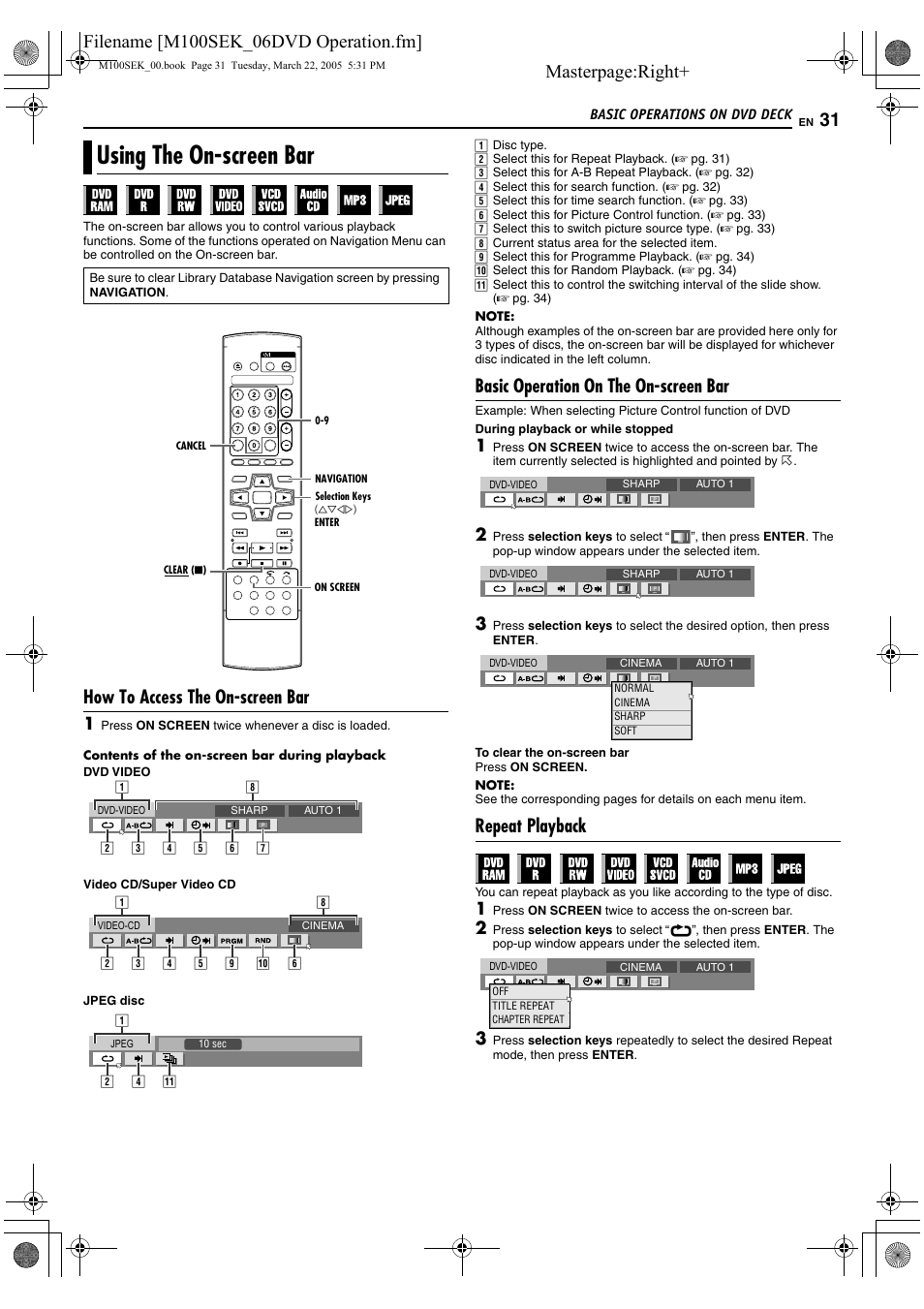 Using the on-screen bar, A pg. 31, 32, A pg. 31 | Masterpage:right, How to access the on-screen bar, Basic operation on the on-screen bar, Repeat playback | JVC DR-M100S User Manual | Page 31 / 80