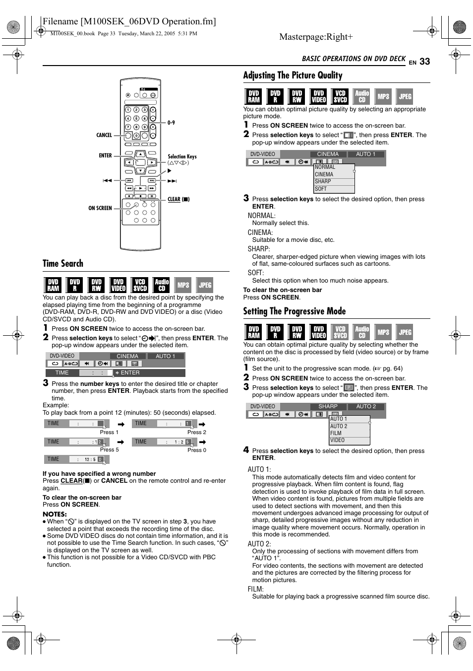 A pg. 33, A pg. 33), R picture control function. (a pg. 33) | Masterpage:right, Time search, Adjusting the picture quality, Setting the progressive mode | JVC DR-M100S User Manual | Page 33 / 80