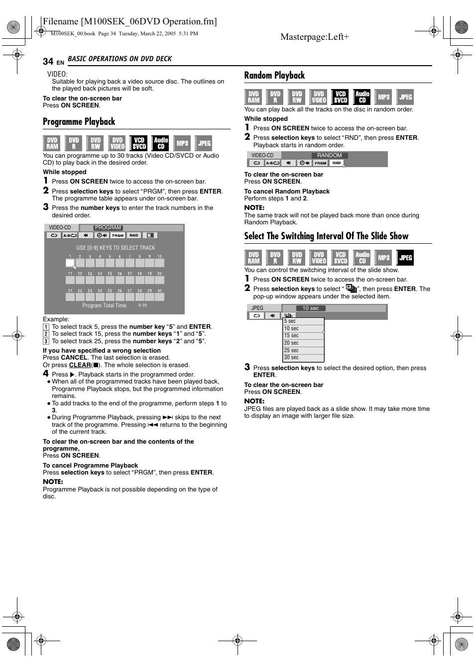 A pg. 34, K. (a pg. 34), A pg. 34) | Programme playback, Random playback, Select the switching interval of the slide show | JVC DR-M100S User Manual | Page 34 / 80