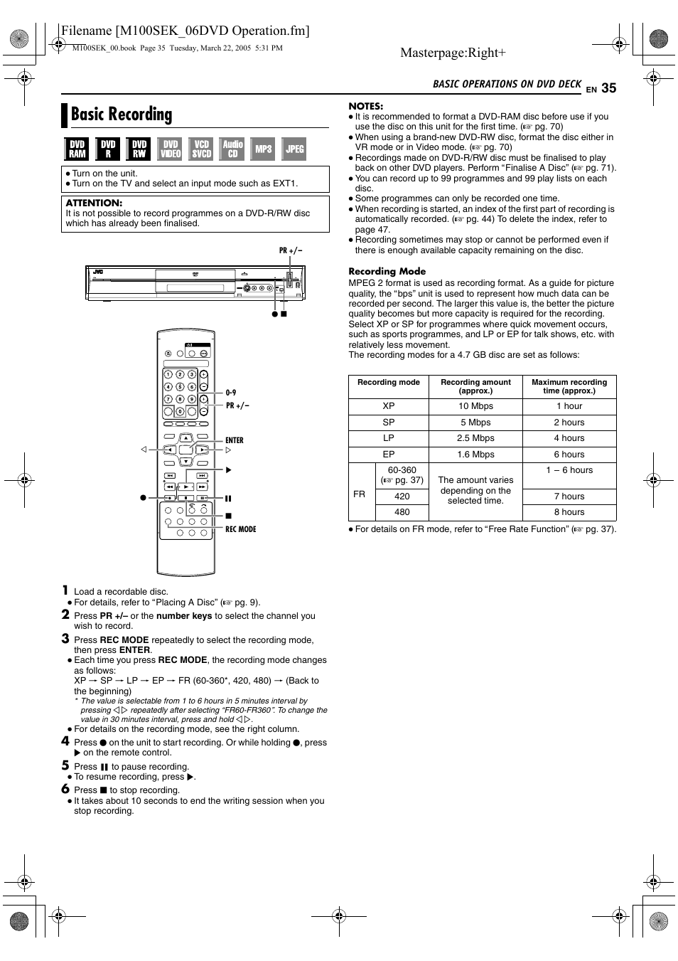 Basic recording, A pg. 35, A pg. 35, 36 | A pg. 35, 43, Masterpage:right | JVC DR-M100S User Manual | Page 35 / 80