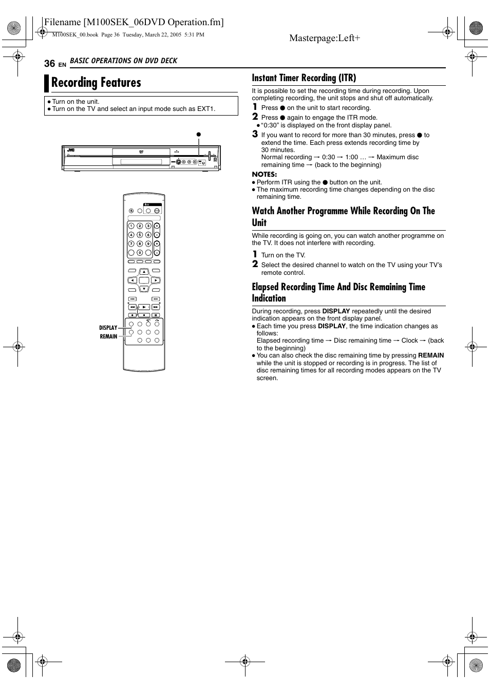 Recording features, Instant timer recording (itr) | JVC DR-M100S User Manual | Page 36 / 80