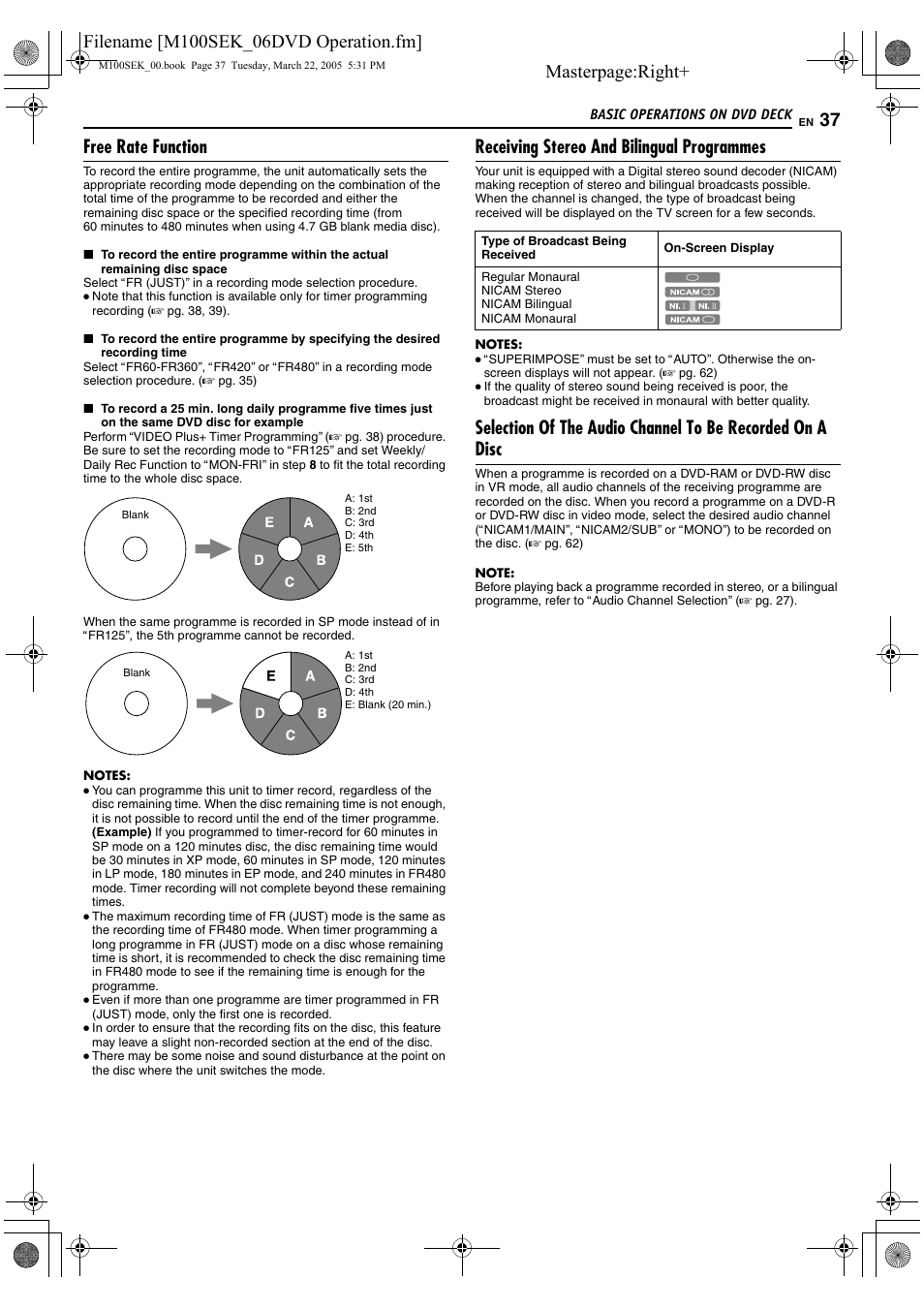 Afree rate functionb (a pg. 37), A pg. 37), Masterpage:right | Free rate function, Receiving stereo and bilingual programmes | JVC DR-M100S User Manual | Page 37 / 80
