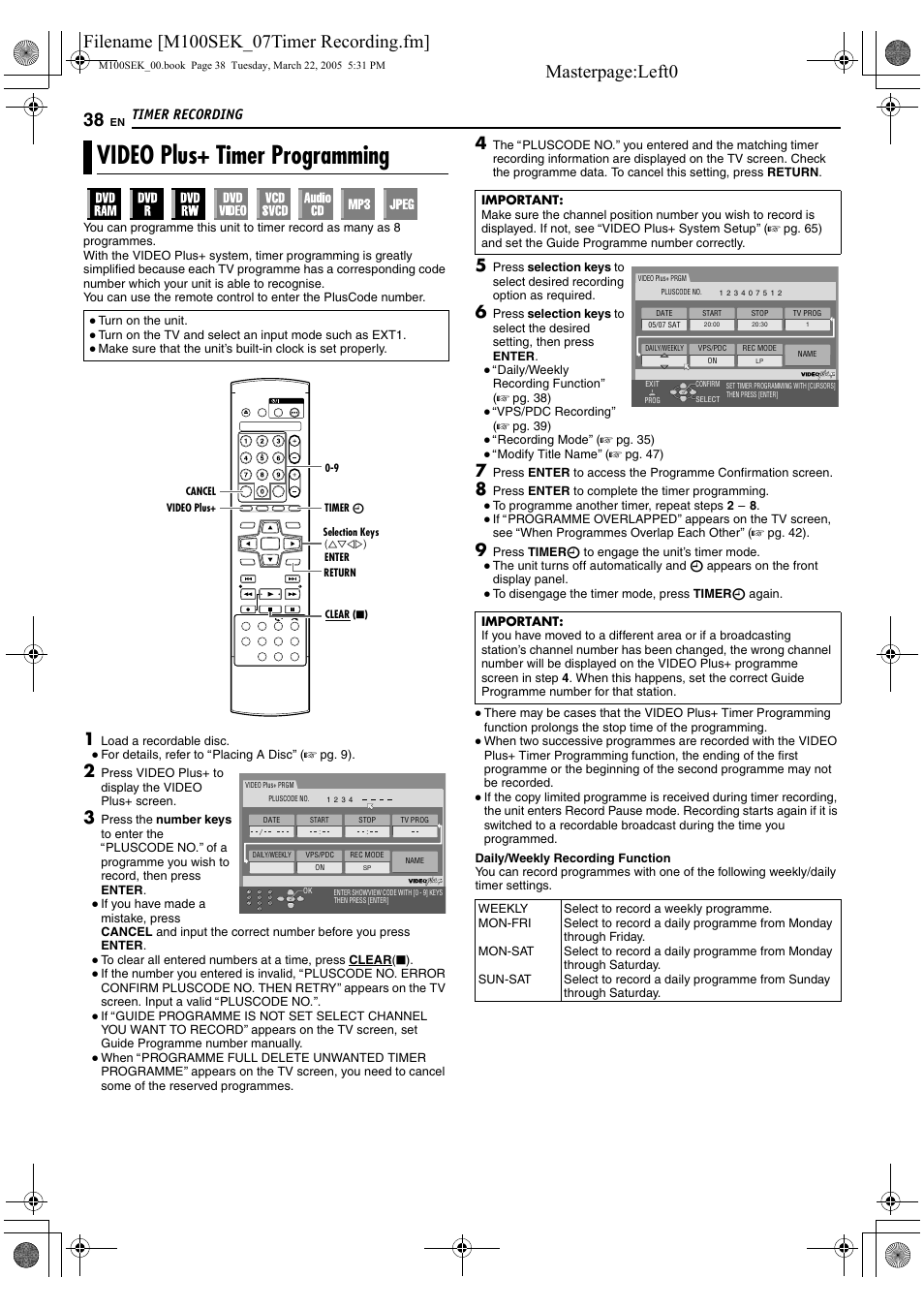 Timer recording, Video plus+ timer programming, A pg. 38 | A pg. 38, 3, A pg. 38), Recording (a pg. 38, 39), 8 to fit the total | JVC DR-M100S User Manual | Page 38 / 80