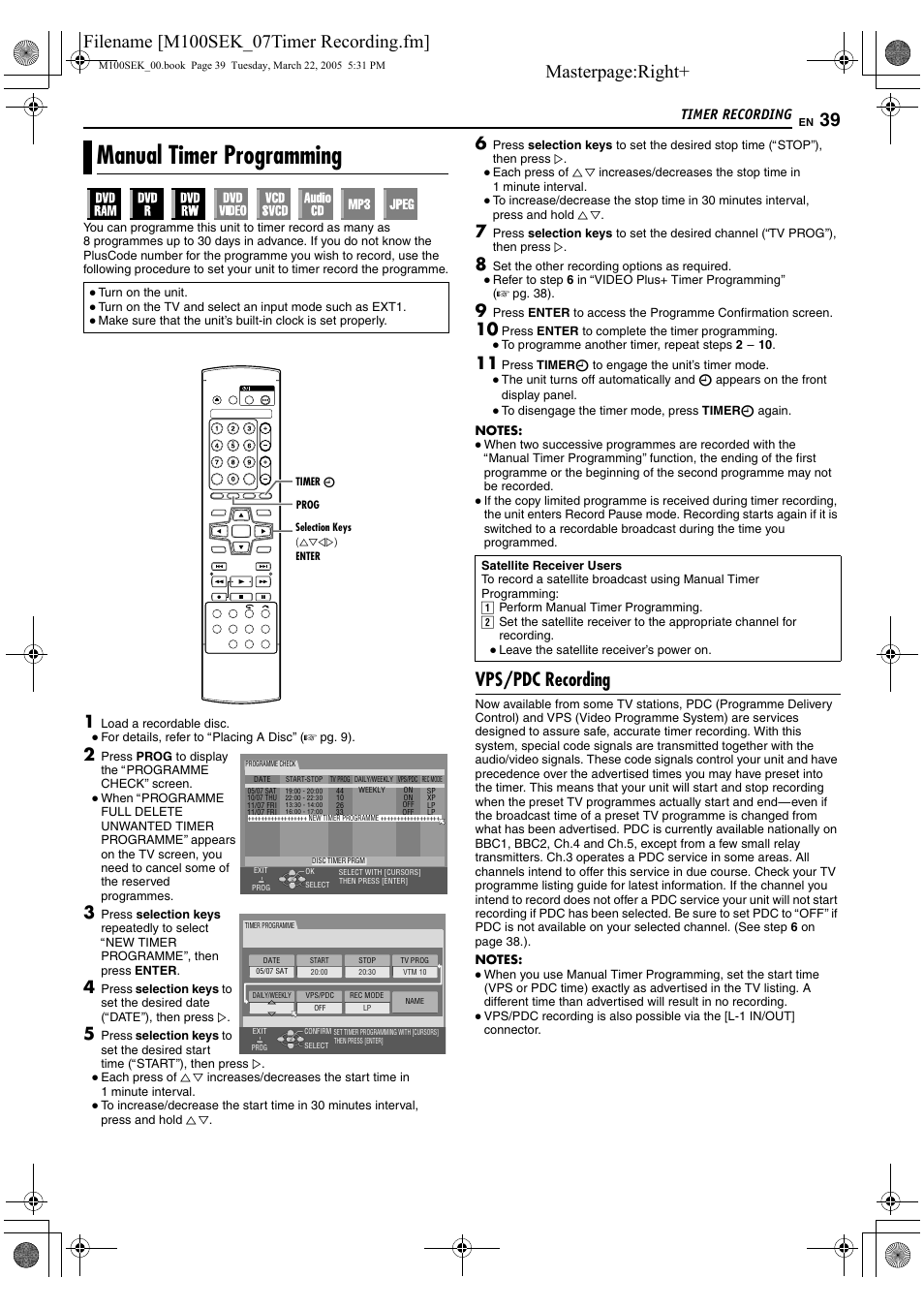 Manual timer programming, G (a pg. 39), Vps/pdc indicator a pg. 39 | A pg. 39, Avps/pdc recordingb (a pg. 39), Masterpage:right, Vps/pdc recording, Timer recording | JVC DR-M100S User Manual | Page 39 / 80