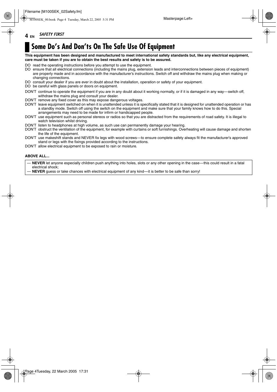 Some do’s and don’ts on the safe use of equipment | JVC DR-M100S User Manual | Page 4 / 80