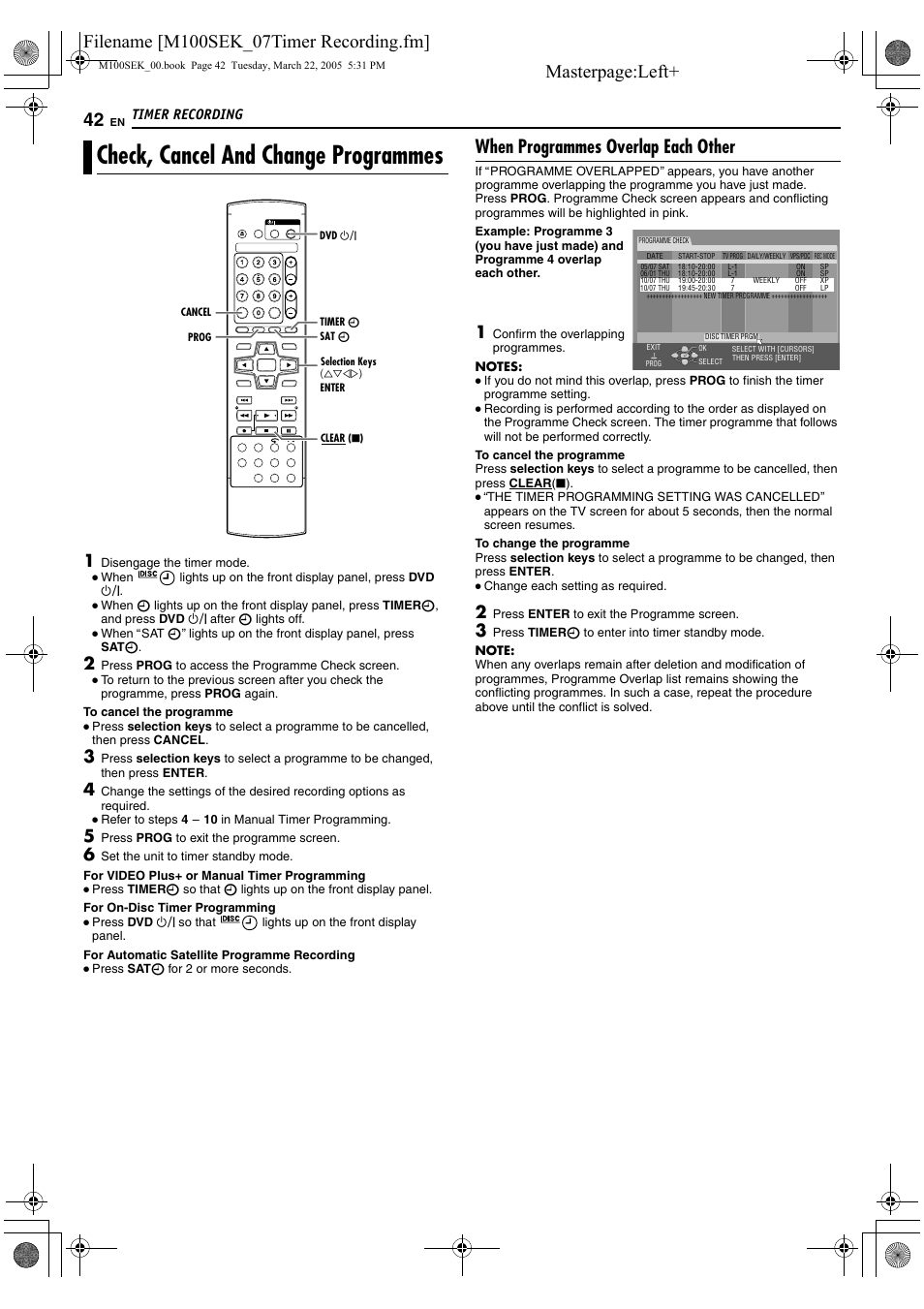 Check, cancel and change programmes, Awhen programmes overlap each otherb (a pg. 42), When programmes overlap each other | Timer recording | JVC DR-M100S User Manual | Page 42 / 80