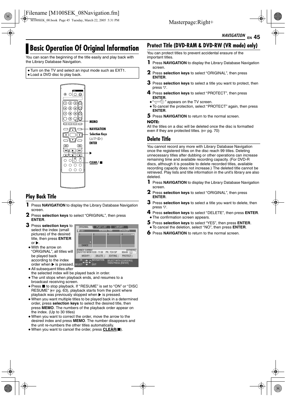 Basic operation of original information, A pg. 45, A pg. 45) | Original (a pg. 45), Masterpage:right, Play back title, Protect title (dvd-ram & dvd-rw (vr mode) only), Delete title | JVC DR-M100S User Manual | Page 45 / 80