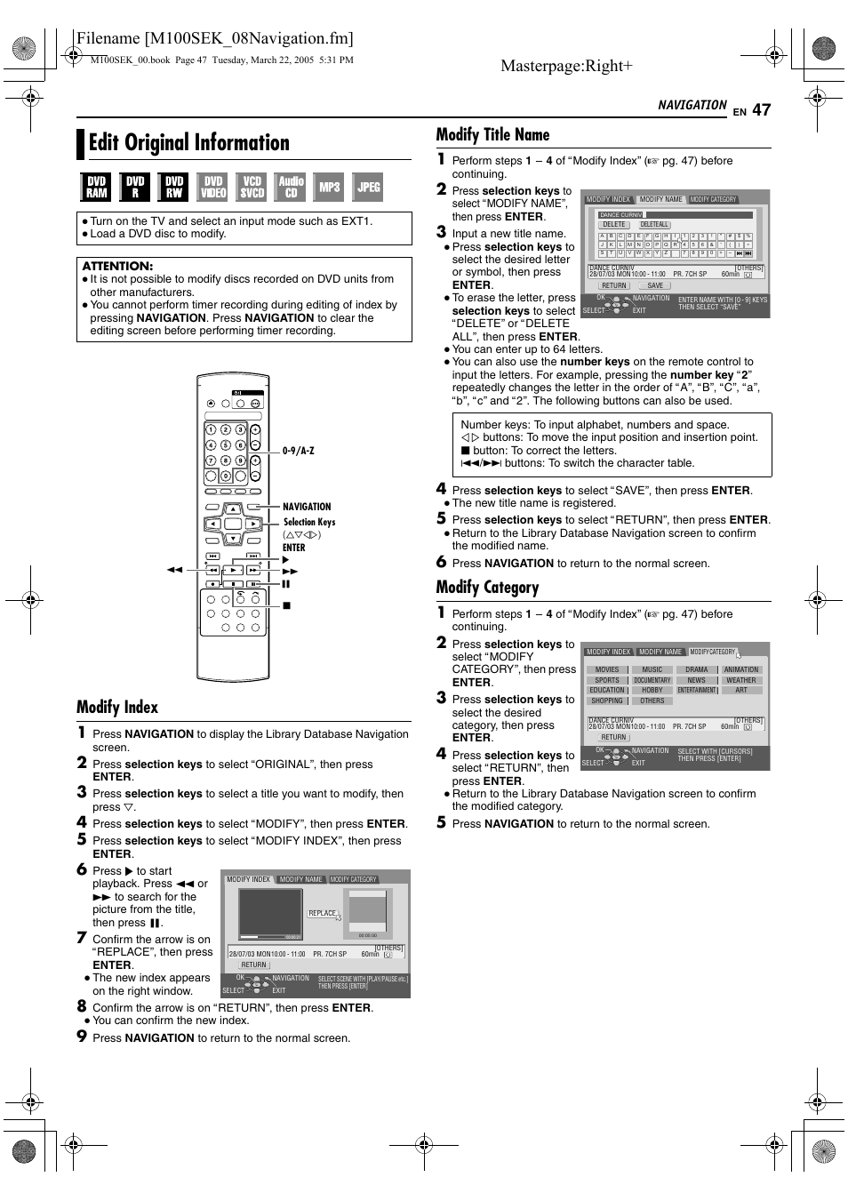 Edit original information, Amodify title nameb (a pg. 47), Masterpage:right | Modify index, Modify title name, Modify category, Navigation | JVC DR-M100S User Manual | Page 47 / 80