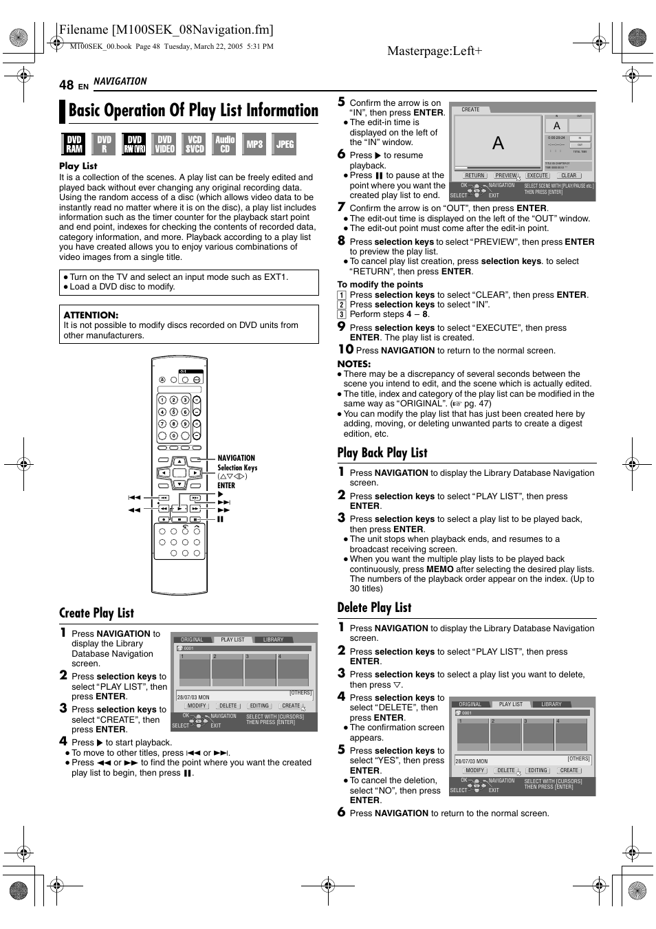 Basic operation of play list information, A pg. 48), Create play list | Play back play list, Delete play list, Navigation | JVC DR-M100S User Manual | Page 48 / 80