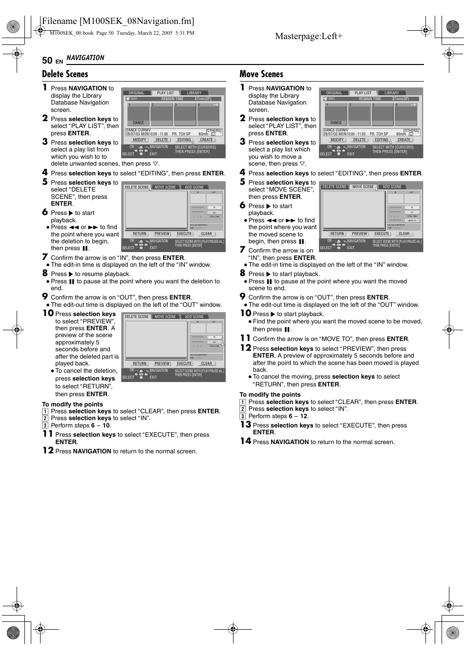 Delete scenes, Move scenes, Navigation | JVC DR-M100S User Manual | Page 50 / 80