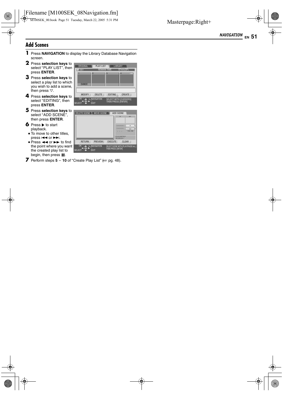 Masterpage:right, Add scenes, Navigation | JVC DR-M100S User Manual | Page 51 / 80
