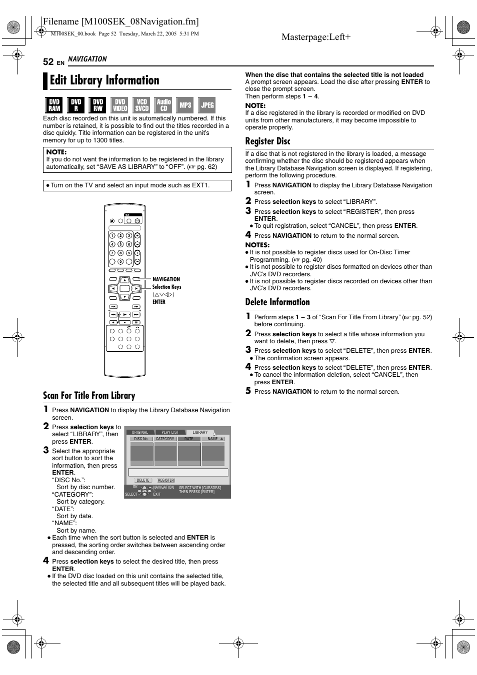Edit library information, Y (a pg. 52), Scan for title from library | Register disc, Delete information | JVC DR-M100S User Manual | Page 52 / 80
