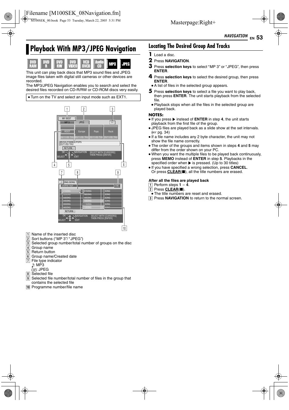 Playback with mp3/jpeg navigation, Aplayback with mp3/jpeg, Navigation | B (a pg. 53), Masterpage:right, Locating the desired group and tracks, Gh i j | JVC DR-M100S User Manual | Page 53 / 80