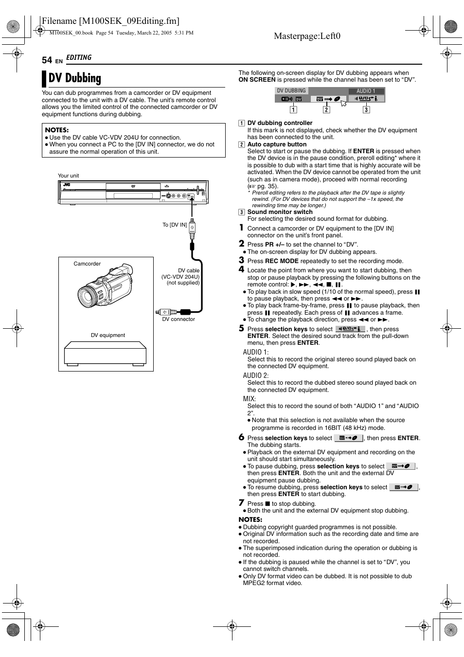 Editing, Dv dubbing | JVC DR-M100S User Manual | Page 54 / 80