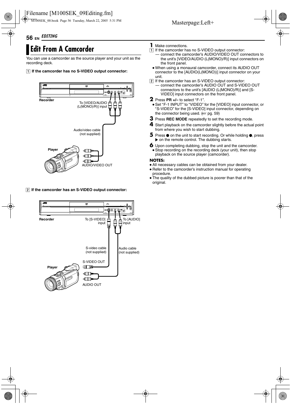 Edit from a camcorder | JVC DR-M100S User Manual | Page 56 / 80