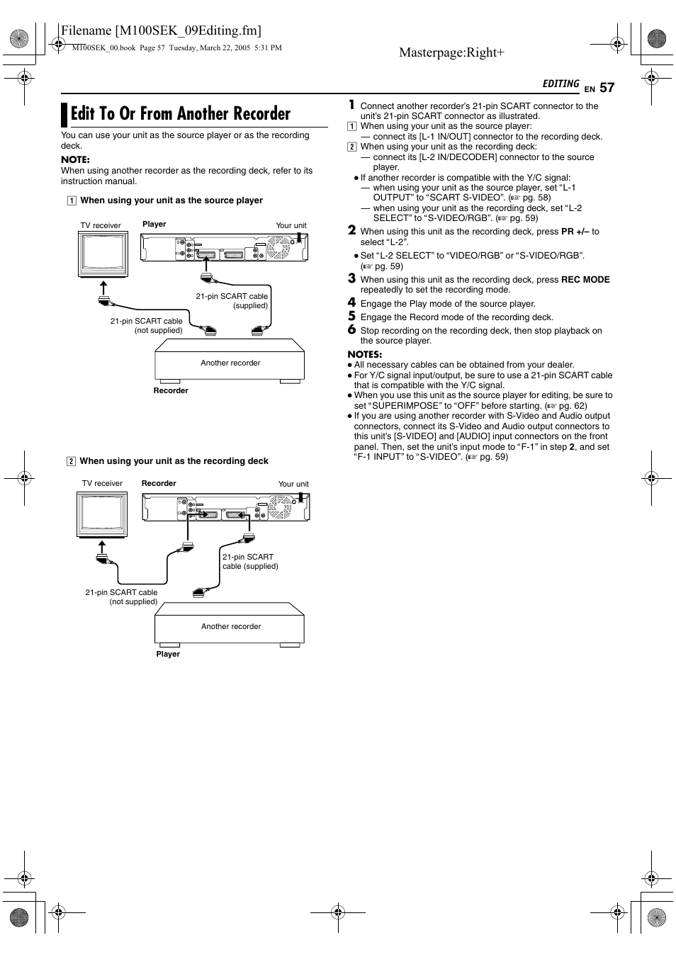 Edit to or from another recorder, Masterpage:right | JVC DR-M100S User Manual | Page 57 / 80