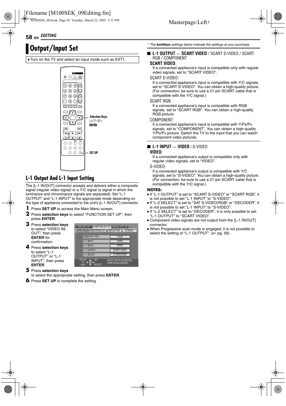 Output/input set, A pg. 58), L-1 output and l-1 input setting | JVC DR-M100S User Manual | Page 58 / 80
